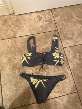 Floral Lace-Up Bikini Set gray and yellow small
